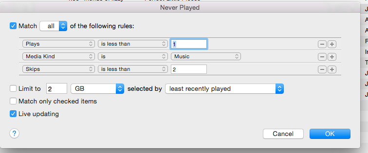 Image of the iTunes SmartPlaylist configuration